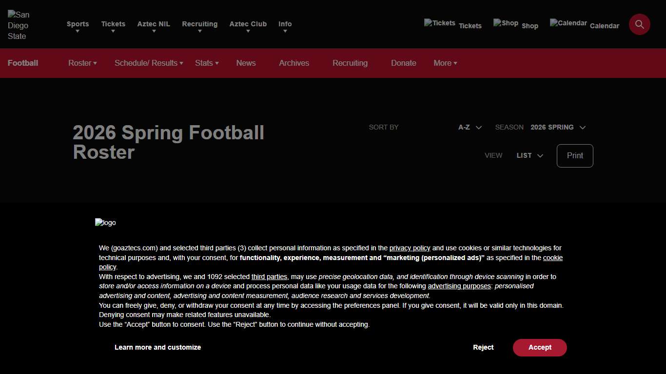 2026 Spring Football Roster - San Diego State Aztecs